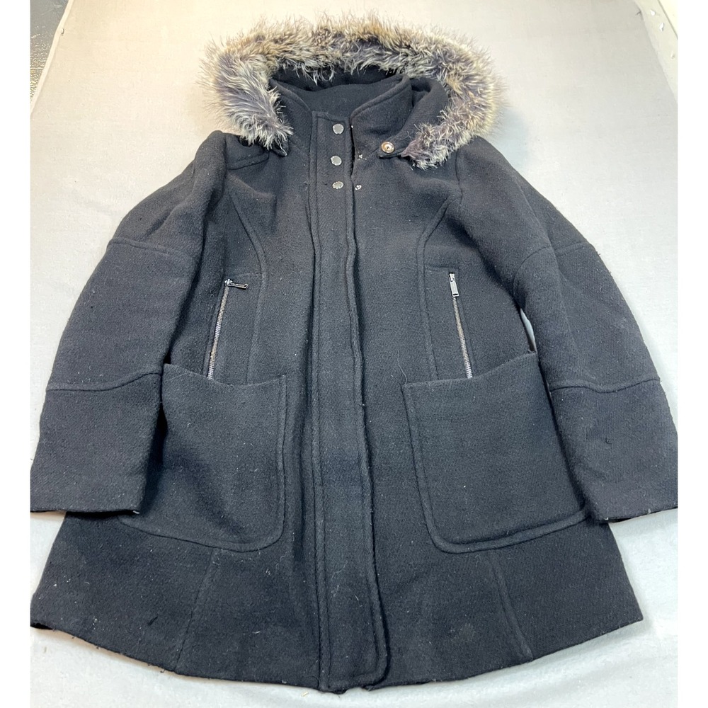 London Fog Parka‎ Coat Jacket Womens Large Black Faux Fur Trim removable Hooded